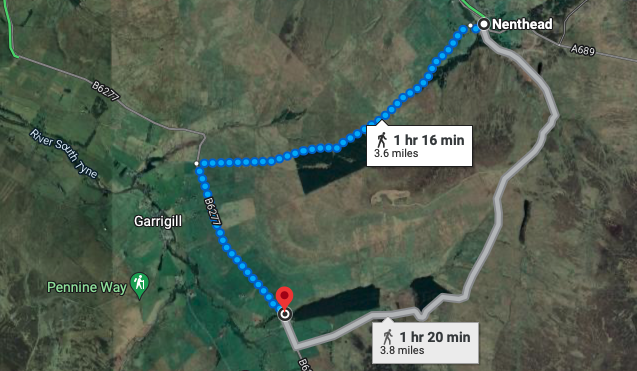 Snippet Of Google Maps showing walking route of Nenthead to Ashgill Force