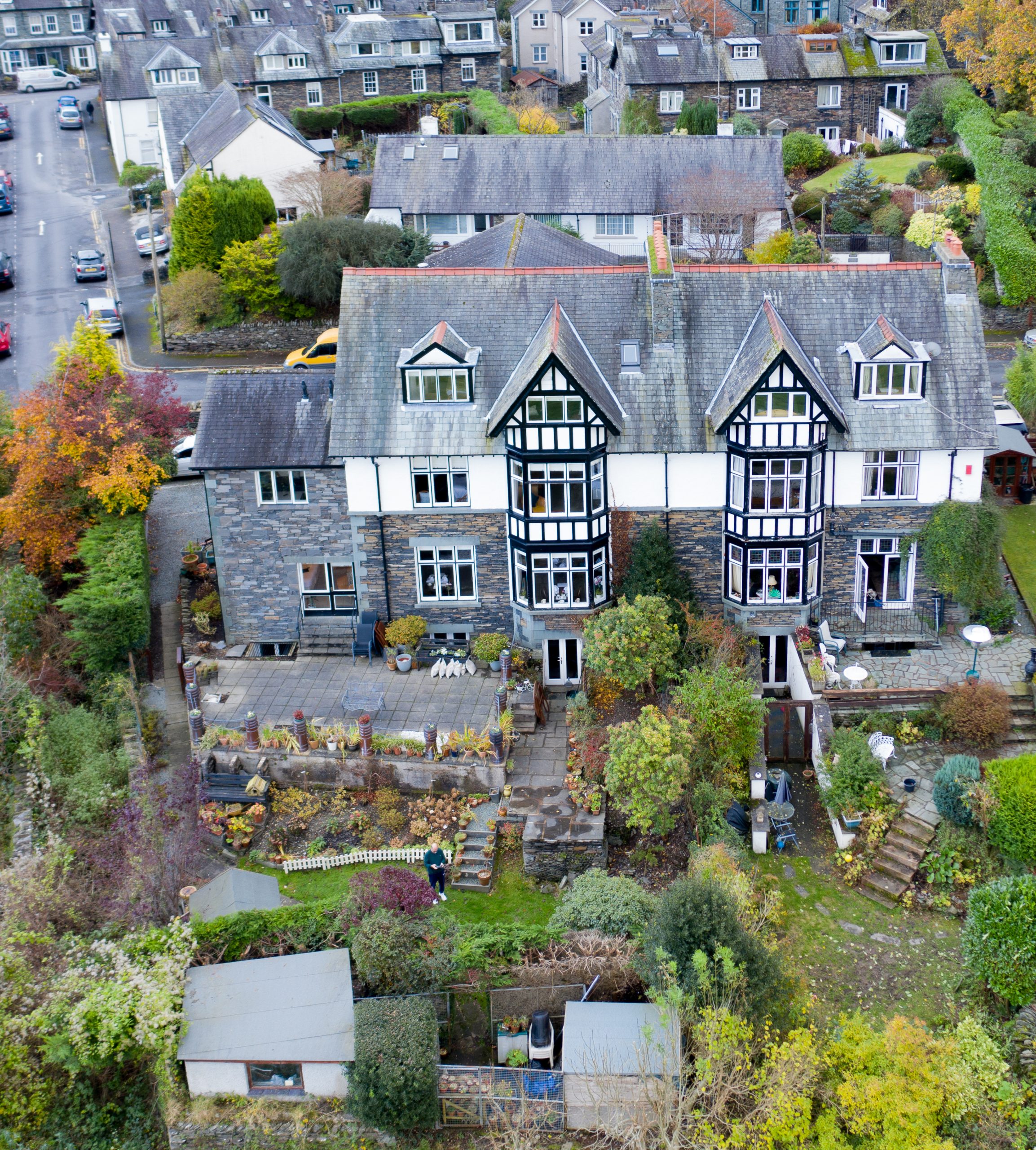 Historic Tudor property aerial photography Brantholme Guesthouse Ambleside